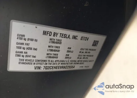 2024 Tesla Cybertruck Cyberbeast z USA, uszkodzony, nr VIN 7G2CEHEE9RA025554